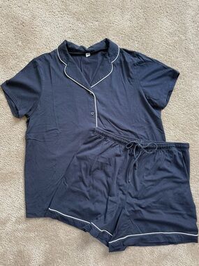Uniqlo Airism Navy Cotton Short-Sleeve Polo Pajama Set with Contrast Piping